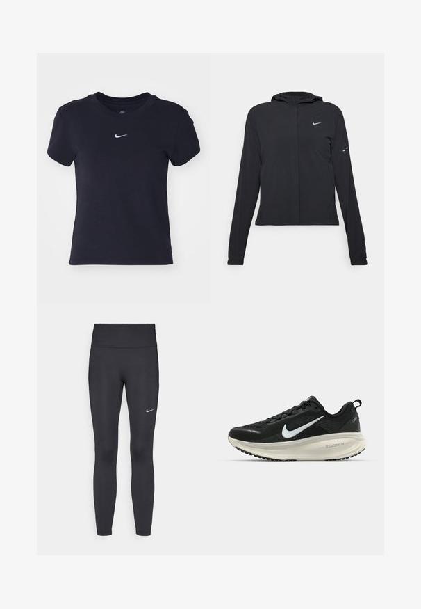 Svart hettegenser med lange ermer, laget av lett materiale. Har glidelås foran, Nike-logo og subtile design detaljer.; Svart bomull T-skjorte med rund hals, korte ermer og en liten hvit Nike-logo på brystet. Myk tekstur, casual passform.; Sorte leggings laget av elastisk stoff, med høy livlinje og en hvit Nike-logo på venstre lår. Glatt tekstur, kroppsnær passform.; Svart Nike løpesko med pustende mesh-overdel, hvit swoosh-logo, teksturert detaljer og en kremfarget ZoomX mellomsåle.