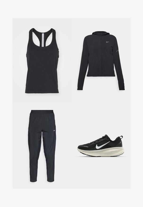 Must musta kapuutsiga jakk, millel on pikad varrukad ja mis on valmistatud kergetest materjalidest. Omab esitaskut, Nike logo ja kergelt silmatorkavaid disainiaktsente.; lululemon SWIFTLY TECH RACERBACK TANK - Topp - black black; Mustad mustrenid spordipüksid elastse vööga, kitsendatud säärtega ja väikese valge logoga vasakul reitel. Kerge ja sile kangas.; Musthave mustus Nike jooksujalats, millel on hingav võrgust ülemine osa, valge swoosh logo, tekstuuriga detailid ja kreemja värvusega ZoomX vahevöö.