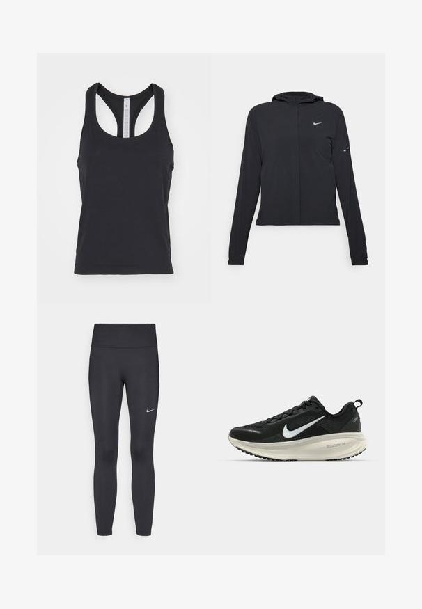 Zwarte kaptrui met lange mouwen, gemaakt van lichtgewicht materiaal. Voorzien van een ritssluiting aan de voorkant, een Nike-logo en subtiele ontwerpelementen.; lululemon SWIFTLY TECH RACERBACK TANK - Top - black black; Zwarte legging van rekbare stof met een hoge tailleband en een wit Nike-logo op de linkerdij. Gladde textuur, aansluitend ontwerp.; Zwarte Nike hardloopschoen met ademend mesh bovenwerk, witte swoosh-logo, gestructureerde details en een crèmekleurige ZoomX middenzool.