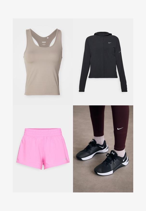 Czarna kurtka z kapturem, z długimi rękawami, wykonana z lekkiego materiału. Posiada zamek błyskawiczny z przodu, logo Nike oraz subtelne akcenty wzornicze.; Jasnobrązowy sportowy top bez rękawów o dopasowanym kroju, w stylu z wycięciem na plecach, gładkiej fakturze. Ma minimalną markę na wewnętrznej metce.; Jasnoróżowe spodenki sportowe z elastycznym pasem i małym szarym logo Nike na dolnym lewym brzegu, na białym tle.; Czarne buty sportowe z fakturowaną cholewką i białymi akcentami, ze sznurówkami i logo z boku. Ubrane z bordowymi legginsami i jasnymi skarpetkami.