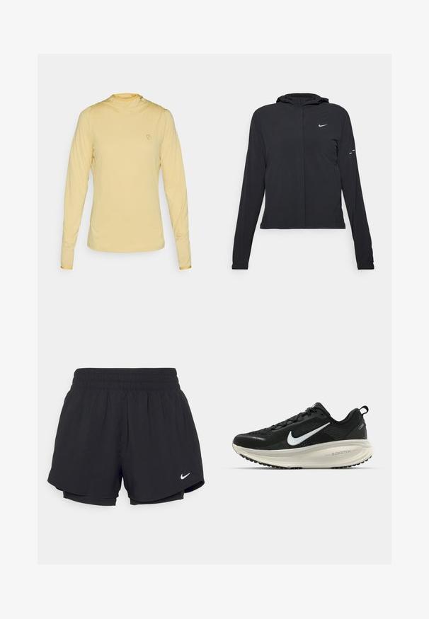 Black hooded jacket with long sleeves, made from lightweight material. Features a front zipper, a Nike logo, and subtle design accents.; Long-sleeve, light yellow shirt with a hood, soft fabric, and subtle logo on the chest. Smooth texture and fitted design.; Black athletic shorts with a gathered elastic waistband, inner lining, and white Nike logo on the lower left side. Smooth, lightweight fabric.; Black Nike running shoe with breathable mesh upper, white swoosh logo, textured detailing, and a cream-colored ZoomX midsole.