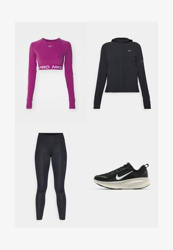 Svart hettegenser med lange ermer, laget av lett materiale. Har glidelås foran, Nike-logo og subtile design detaljer.; Lilla langermet crop topp laget av elastisk materiale. Har en rund hals og en hvit "PRO NIKE" logo på midjebåndet.; Sorte leggings laget av glatt, elastisk materiale. Høy midje uten synlige mønstre eller detaljer. Sitter tett fra midjen til anklene.; Svart Nike løpesko med pustende mesh-overdel, hvit swoosh-logo, teksturert detaljer og en kremfarget ZoomX mellomsåle.