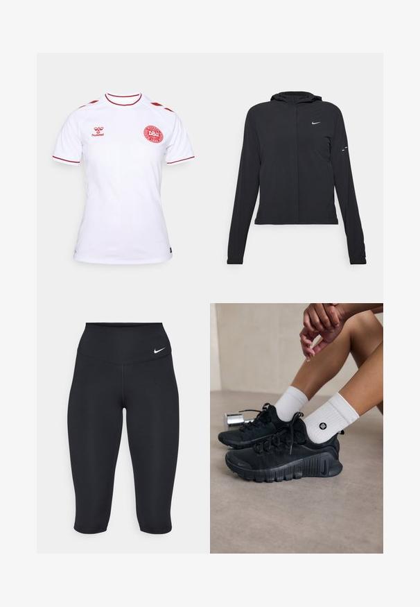 Casaco preto com capuz e mangas longas, feito de material leve. Apresenta um fecho dourado na frente, um logótipo da Nike e detalhes de design subtis.; Camisa de futebol branca com detalhes em vermelho, apresentando um decote redondo, mangas curtas e um logótipo DBU circular. Feita de um tecido leve.; As calças capri pretas da Nike apresentam uma cintura alta, um tecido elástico suave e um detalhe sutil do logo na frente.; Sapatilhas atléticas pretas com tecido texturizado, design com atacadores e uma sola proeminente, emparelhadas com meias brancas com nervuras e um pequeno logótipo.