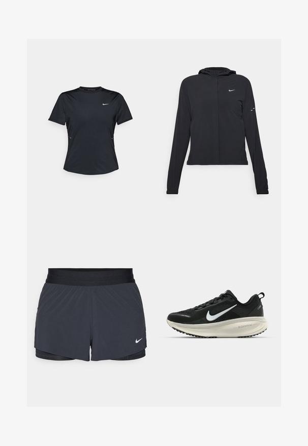 Crna jakna s kapuljačom i dugim rukavima, izrađena od laganog materijala. Ima prednji patentni zatvarač, Nike logo i suptilne dizajnerske detalje.; Crna majica kratkih rukava za sport, izrađena od lagane, materijala koji upija vlagu. Ima okrugli izrez i mali bijeli Nike logo na prsima.; Crne atletske kratke hlače s elastičnom stražnjicom, imaju slojeviti dizajn i mali bijeli Nike logo na donjoj lijevoj strani. Lagani materijal.; Crne Nike trkačke tenisice s prozračnom mrežastom gornjom konstrukcijom, bijelim swoosh logotipom, teksturiranim detaljima i kremastom ZoomX srednjom potplatnom jedinicom.