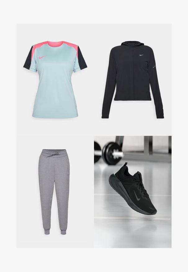Črna kapuča s dolgimi rokavi, izdelana iz lahkega materiala. Ima sprednji zadrgo, logotip Nike in subtilne oblikovne detajle.; Svetlo modra športna majica z črnimi rokavi, s poudarki v roza barvi na rame in malim roza logotipom Nike na prsih. Strukturirana tkanina.; Sive tapered trenirke z vrvico v pasu, elastičnimi manšeti in diskretnim Nike logotipom na levem stegnu. Mehek, teksturiran material.; Črne športne teniske z logotipom Nike, prikazane v zraku na telovadni talni površini, v ozadju pa zamegljena vrsta uteži.