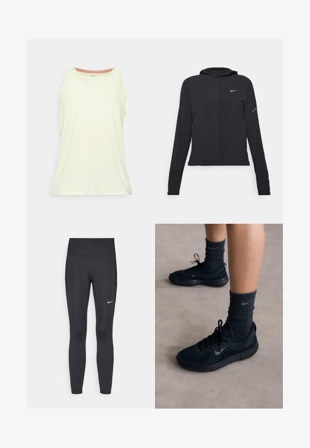 Veste à capuche noire avec des manches longues, fabriquée en matériau léger. Elle comporte une fermeture éclair à l'avant, un logo Nike et des accents de design subtils.; Débardeur sans manches de couleur jaune clair, fabriqué en tissu doux. Encolure ronde avec un revêtement intérieur contrasté. Coupe décontractée avec fentes sur les côtés.; Leggings noirs en tissu extensible, dotés d'une taille haute et d'un logo Nike blanc sur la cuisse gauche. Texture lisse, design ajusté.; Baskets Nike noires avec un dessus en tricot texturé, présentant un logo swoosh gris, accompagnées de chaussettes côtelées foncées. Semelle en caoutchouc plate.