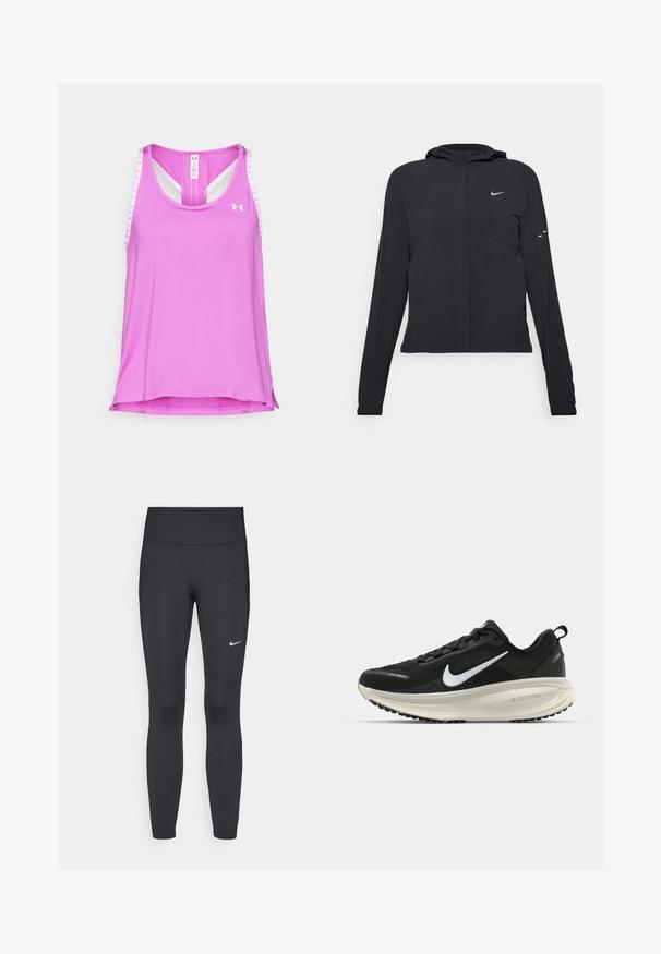 Čierna kapucňová bunda s dlhou rukávou, vyrobená z ľahkého materiálu. Má predný zips, logo Nike a jemné dizajnové akcenty.; Under Armour KNOCKOUT TANK - Top - vivid magenta/white; Čierne legíny z elastického materiálu, s vysokým pásom a bielym logom Nike na ľavom stehne. Hladká textúra, priliehavý dizajn.; Čierne bežecké topánky Nike s priedušnou sieťovinou, bielym logom s symbolom swoosh, textúrovanými detailmi a krémovou ZoomX medzipodrážkou.