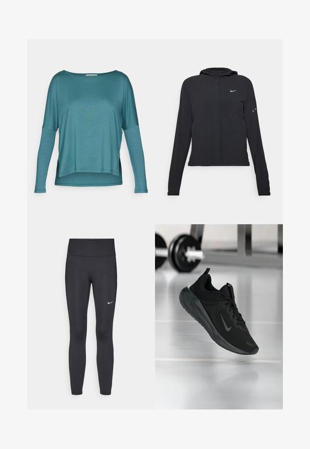 Zwarte kaptrui met lange mouwen, gemaakt van lichtgewicht materiaal. Voorzien van een ritssluiting aan de voorkant, een Nike-logo en subtiele ontwerpelementen.; Yogasearcher DAKSHA - Longsleeve - paon; Zwarte legging van rekbare stof met een hoge tailleband en een wit Nike-logo op de linkerdij. Gladde textuur, aansluitend ontwerp.; Zwarte sportsneaker met Nike-logo, weergegeven in de lucht boven de gymvloer, met een vervaagde halterrek op de achtergrond.