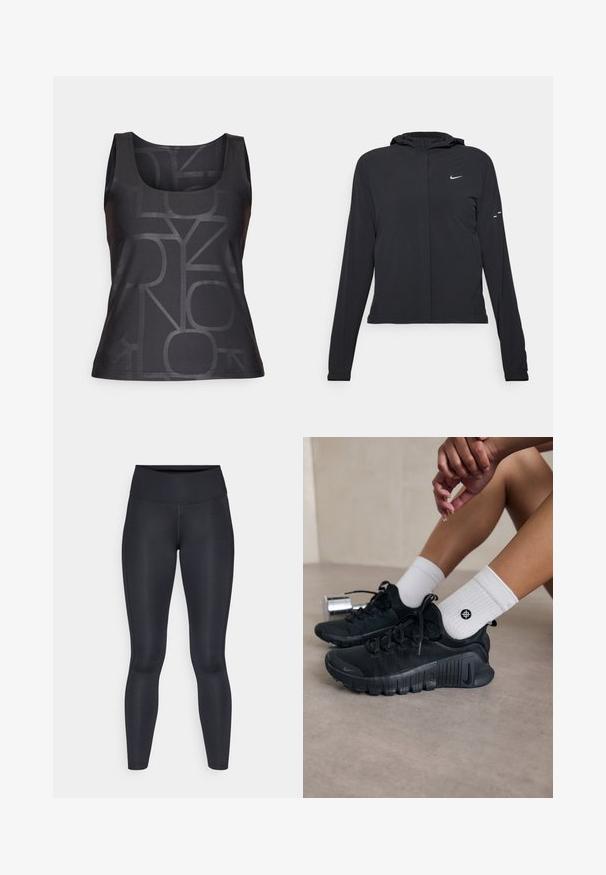 Casaco preto com capuz e mangas longas, feito de material leve. Apresenta um fecho dourado na frente, um logótipo da Nike e detalhes de design subtis.; Camisola preta sem mangas com um padrão geométrico tonal. Feita de um tecido suave, com decote arredondado e silhueta ajustada.; Leggings pretas feitos de um tecido liso e elástico. Cintura alta sem padrões ou detalhes visíveis. Ajustam-se de forma justa da cintura até os tornozelos.; Sapatilhas atléticas pretas com tecido texturizado, design com atacadores e uma sola proeminente, emparelhadas com meias brancas com nervuras e um pequeno logótipo.