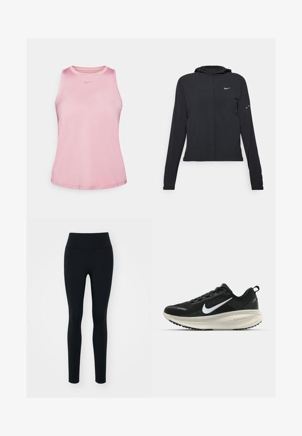 Svart hettegenser med lange ermer, laget av lett materiale. Har glidelås foran, Nike-logo og subtile design detaljer.; Rosa ermeløs treningstopp laget av glatt, syntetisk stoff. Har rund hals og en liten, ton-sur-ton logo på brystet.; Svart leggings laget av elastisk materiale med høy midje. Glatt tekstur, tettsittende design og ingen synlige detaljer eller mønstre.; Svart Nike løpesko med pustende mesh-overdel, hvit swoosh-logo, teksturert detaljer og en kremfarget ZoomX mellomsåle.