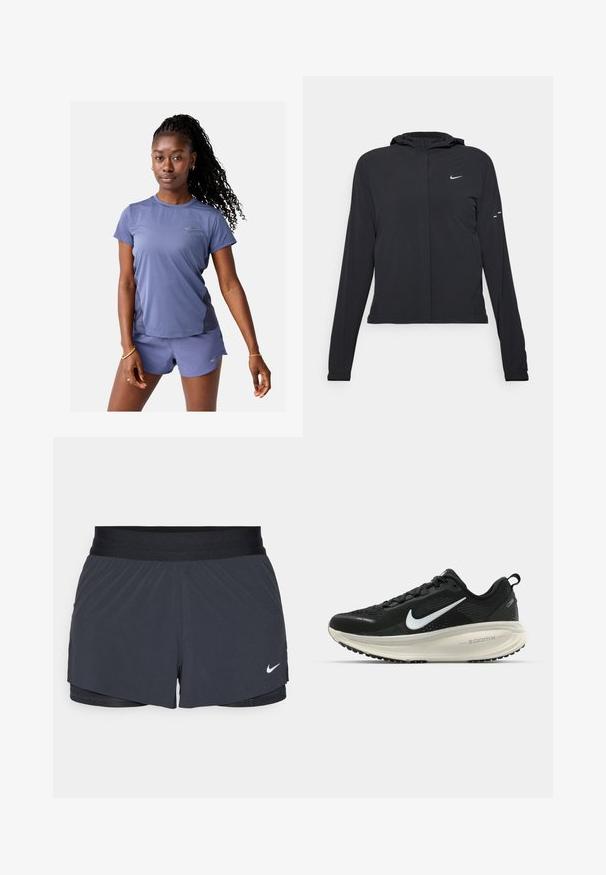 Melnā kapuci jaka ar garām piedurknēm, izgatavota no viegla materiāla. Tam ir priekšējais rāvējslēdzis, Nike logo un smalki dizaina akcenti.; Īsām piedurknēm sporta krekliņš un šorti gaiši violetā audumā, ar diskrētām logo detaļām un mitrumu iesūcošu tekstūru.; Melnas sporta šortus ar elastīgu jostu, ar slāņotu dizainu un mazu balto Nike logo apakšējā kreisajā stūrī. Viegls materiāls.; Melnas Nike skriešanas kurpes ar elpojošu acs augšdaļu, baltu Swoosh logotipu, strukturētu apdari un krēmkrāsas ZoomX starpsole.