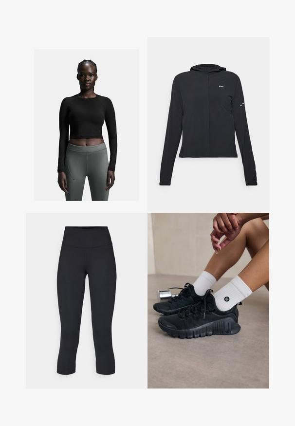 Fekete kapucnis dzseki hosszú ujjakkal, könnyű anyagból készült. Elülső cipzárral, Nike logóval és diszkrét dizájn elemekkel rendelkezik.; Fekete, hosszú ujjú, rövid póló, sötét szürke, testhez simuló leggingszel párosítva. A felső egyszerű dizájnnal rendelkezik; a leggings oldalsó varrással és sima textúrával bír.; Fekete, rövidített leggings elasztikus anyagból, magas derékkal és sima textúrával, látható minták vagy fémalkatrészek nélkül.; Fekete sportcipők texturált anyagból, fűzős kialakítással és hangsúlyos talppal, fehér bordás zoknikkal párosítva, melyek kis logóval rendelkeznek.