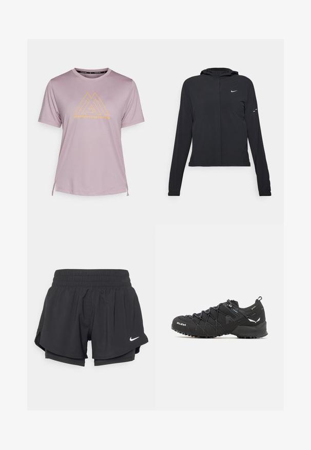 Crna jakna s kapuljačom i dugim rukavima, izrađena od laganog materijala. Ima prednji patentni zatvarač, Nike logo i suptilne dizajnerske detalje.; The North Face MOUNTAIN ATHLETICS FLEX TEE - Majica kratkih rukava s printom - purple chalk; Crne atletske kratke hlače s elastičnom trakom u struku, unutarnjim oblogom i bočnim prorezima. Na lijevoj prednjoj strani nalazi se bijeli Nike logo.; Crne planinarske cipele s gornjim dijelom od teksturirane tkanine, sistemom vezivanja i čvrstim gumenim potplatom. Osvijetljene reflektirajućim detaljima i logotipima.
