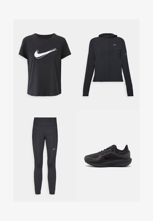 Must musta kapuutsiga jakk, millel on pikad varrukad ja mis on valmistatud kergetest materjalidest. Omab esitaskut, Nike logo ja kergelt silmatorkavaid disainiaktsente.; Must musta № с качиними кратками, valmistatud siledast kangast, esiküljel on silmapaistev valge Nike'i swooshi logo. Lihtne, ümmargune kaelus.; Mustad mustadest leggingid, mis on valmistatud venivast kangast, kõrge vöökoha ja valge Nike logo abil vasakul reiel. Sile tekstuur, keha järgiv disain.; Mustnike mustusasa, mille topingum värv, tekstuuriga aktsendid ja pehme tald. Esindab silmapaistvat Nike logo ja vastupidavat allahindlust.