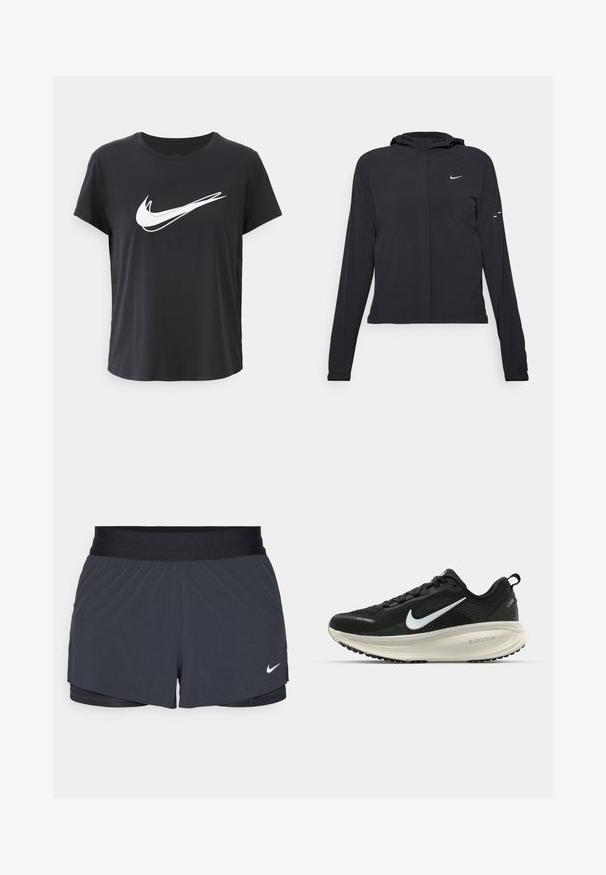 Melnā kapuci jaka ar garām piedurknēm, izgatavota no viegla materiāla. Tam ir priekšējais rāvējslēdzis, Nike logo un smalki dizaina akcenti.; Melna īsroku T-krekls no gludas auduma ar izteiktu baltu Nike swoosh logotipu uz krūtīm.; Melnas sporta šortus ar elastīgu jostu, ar slāņotu dizainu un mazu balto Nike logo apakšējā kreisajā stūrī. Viegls materiāls.; Melnas Nike skriešanas kurpes ar elpojošu acs augšdaļu, baltu Swoosh logotipu, strukturētu apdari un krēmkrāsas ZoomX starpsole.