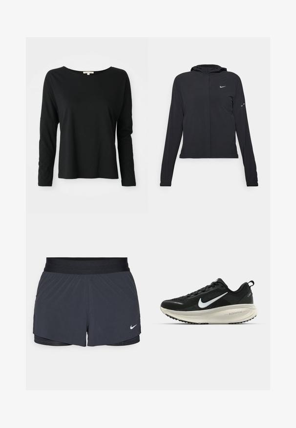 Jachetă neagră cu glugă, cu mâneci lungi, fabricată din material ușor. Dispune de un fermoar frontal, un logo Nike și accente de design subtile.; Tricou negru cu mâneci lungi și guler rotund, cu o croială lejeră și umeri lăsați, prezentat pe un fundal alb.; Shorts atletici negri, cu un elastic la talie, având un design stratificat și un mic logo alb Nike în partea stângă jos. Material ușor.; Pantofii de alergare negri de la Nike, cu parte superioară din plasă respirabilă, logo-ul alb Swoosh, detalii texturate și o talpă intermediară ZoomX de culoare crem.