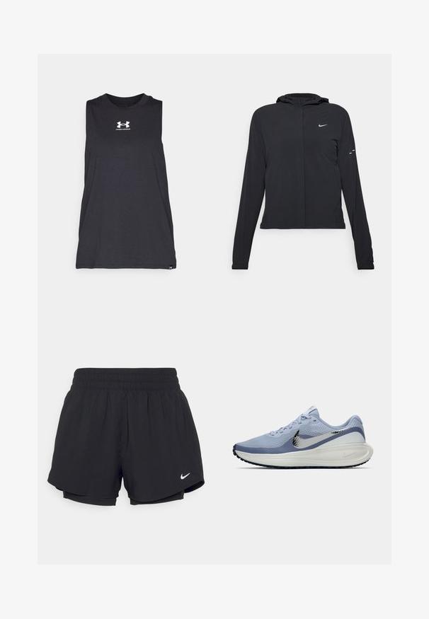 Svart hettegenser med lange ermer, laget av lett materiale. Har glidelås foran, Nike-logo og subtile design detaljer.; Svart ermeløs treningsgenser laget av myk, pustende stoff. Har rund hals og hvit Under Armour-logo på brystet.; Svarte idrettsshorts med samlet elastisk midje, indre fôr og hvit Nike-logo nederst til venstre. Jevnt, lett stoff.; Lys blå og hvit Nike løpesko med sølvfarget swoosh, pustende mesh-overdel, polstret såle og svart yttersåle med mønster.