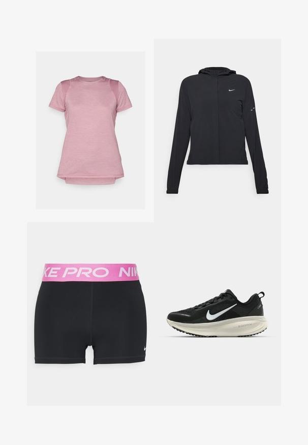 Melnā kapuci jaka ar garām piedurknēm, izgatavota no viegla materiāla. Tam ir priekšējais rāvējslēdzis, Nike logo un smalki dizaina akcenti.; Rāpuļu piedurkņu sporta t-krekls gaiši rozā krāsā, ar gludu tekstūru, acs plecu akcentiem un noapaļotu apakšmalu.; Melnas sporta šortus ar rozā elastīgu jostu, uz kuras uzraksts "NIKE PRO". Gluda tekstūra ar logo kreisajā apakšējā stūrī. Standarta piegriezums.; Melnas Nike skriešanas kurpes ar elpojošu acs augšdaļu, baltu Swoosh logotipu, strukturētu apdari un krēmkrāsas ZoomX starpsole.
