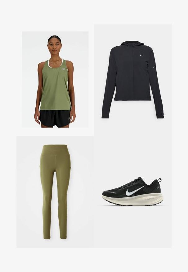 Must musta kapuutsiga jakk, millel on pikad varrukad ja mis on valmistatud kergetest materjalidest. Omab esitaskut, Nike logo ja kergelt silmatorkavaid disainiaktsente.; New Balance SPORT ESSENTIALS TANK - Topp - dark olivine; Oliivrohelised kõrge vöökohaga legginsid küljetaskute ja õmblusdetailidega, esitlemisele vaadatuna tasasele, valgele taustale.; Musthave mustus Nike jooksujalats, millel on hingav võrgust ülemine osa, valge swoosh logo, tekstuuriga detailid ja kreemja värvusega ZoomX vahevöö.