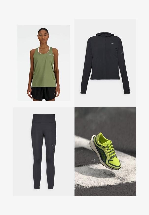 Černá kapucňová bunda s dlouhými rukávy, vyrobená z lehkého materiálu. Obsahuje přední zip, logo Nike a decentní designové akcenty.; New Balance SPORT ESSENTIALS TANK - Top - dark olivine; Černé legíny vyrobené z elastického materiálu, s vysokým pasem a bílým logem Nike na levém stehně. Hladká textura, přiléhavý střih.; Neon žlutá běžecká obuv s prodyšnou síťovinou na svrchní části, kontrastními tmavými akcenty, texturovanými tkaničkami a polstrovanou bílou mezipodešví.
