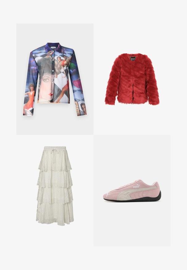 Piros műszőrme dzseki rövid fazonnal, hosszú ujjakkal és kerek nyakkivágással. Elől záródik, belül márkás címkével. Puha tapintású.; Áttetsző, gombos ing, amely színes fényképes nyomattal rendelkezik dinamikus pózban lévő emberekről, klasszikus gallérral és hosszú ujjakkal.; Többszörös fehér szoknya fekete pöttyökkel, elasztikus derékkal és zsinóros záródással. Légies anyag, fodros szegéllyel.; Rózsaszín velúr sneaker szürke részletekkel, áramvonalas dizájnnal, texturált felső résszel és fekete gumitalppal. Oldalán a Puma logó látható.