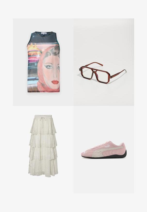 Crveni lažni krzneni kaput s kratkim krojem, dugim rukavima i okruglim izrezom. Ima prednje zatvaranje i oznaku brenda unutra. Mekana tekstura.; Majica bez rukava, uskog kroja s retro grafičkim printom koji prikazuje žensko lice i klasični automobil, u živopisnim bojama i glatkom materijalu.; Višeslojna bijela suknja s crnim točkicama, s elastičnom trakom u struku i vezicom. Lagana tkanina s nabranim rubom.; Ružičaste suede tenisice s sivim akcentima, elegantan dizajn, teksturirani gornji dio i crna gumena potplat. Sadrži Puma logotip sa strane.; Smeđe prozirne velike naočale s pravokutnim staklima i tankim okovima. Kutovi su nagnuti, blago zaobljeni, a metalni detalji su vidljivi.; Smeđa torba od umjetnog krzna s dva crna kožna remena, meke teksture, zaobljenog oblika i vidljivim šavovima duž bočnih strana.