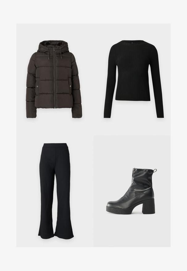 Čierna vypchatá bunda s kapucňou, s predným zipsom, prešívanými panelmi a bočnými vreckami so snap uzávermi. Hladká textúra tkaniny.; Čierny rebrovaný pulóver s dlhým rukávom, priliehajúci, s okrúhlym výstrihom, vystavený na jednoduchom svetlom pozadí.; Čierne, štruktúrované rozšírené nohavice s priliehavým pásom. Tkanina má jemné ryhovanie a pri spodnom okraji sa rozširuje pre uvoľnený strih.; Čierne členkové topánky z hladkej kože, so bočným zipsom, robustnou textúrovanou pätnou časťou a zaobleným dizajnom špičky.