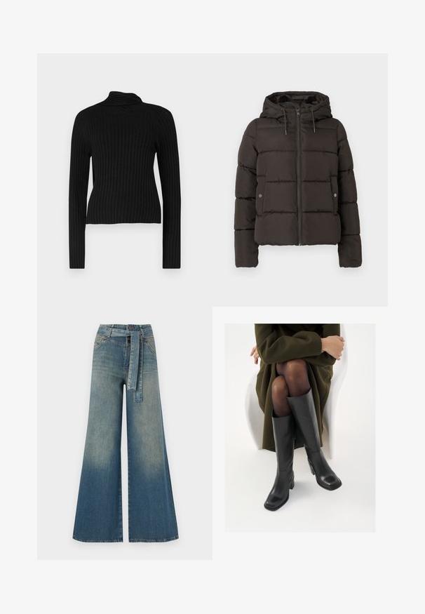 Schwarze gepolsterte Jacke mit Kapuze, ausgestattet mit einem Reißverschluss auf der Vorderseite, genähten Paneelen und seitlichen Taschen mit Druckknopfverschlüssen. Glatte Stofftextur.; Schwarzer gerippter Rollkragenpullover mit langen Ärmeln und einer figurnahen Silhouette. Verfügt über einen strukturierten Stoff und ein weiches, dehnbares Material.; Weit geschnittene Denim-Hosen mit einem Farbverlauf von hellblau zu dunkelblau, hoher Taille, Gürtelschlaufen und einem passenden Stoffgürtel. Strukturierte Denim-Oberfläche.; Knöchelhöhe schwarze Lederstiefel mit quadrater Spitze und Blockabsatz, gezeigt mit einem Modell, das einen olivgrünen Mantel trägt. Glatte Textur, minimale Details.