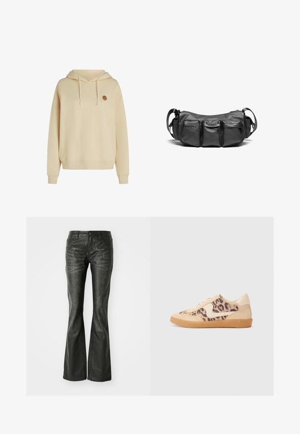 Veste rembourrée noire avec capuche, dotée d'une fermeture éclair sur le devant, de panneaux cousus et de poches latérales avec fermetures à pression. Texture de tissu lisse.; Sweatshirt à capuche beige clair en tissu doux, avec une poche avant et un logo circulaire sur la poitrine gauche. Poignets côtelés.; Jean flare en simili cuir noir avec poches avant, fermeture à bouton métallique et surface légèrement texturée. Jambe droite avec une coupe longue.; Baskets en imprimé léopard avec tige en suède beige, semelle en caoutchouc tan et accents blancs. Bout rond et design à lacets avec une finition texturée.; Sac bandoulière en cuir noir avec une finition texturée. Comprend trois poches externes et une bandoulière réglable. Forme compacte et arrondie.