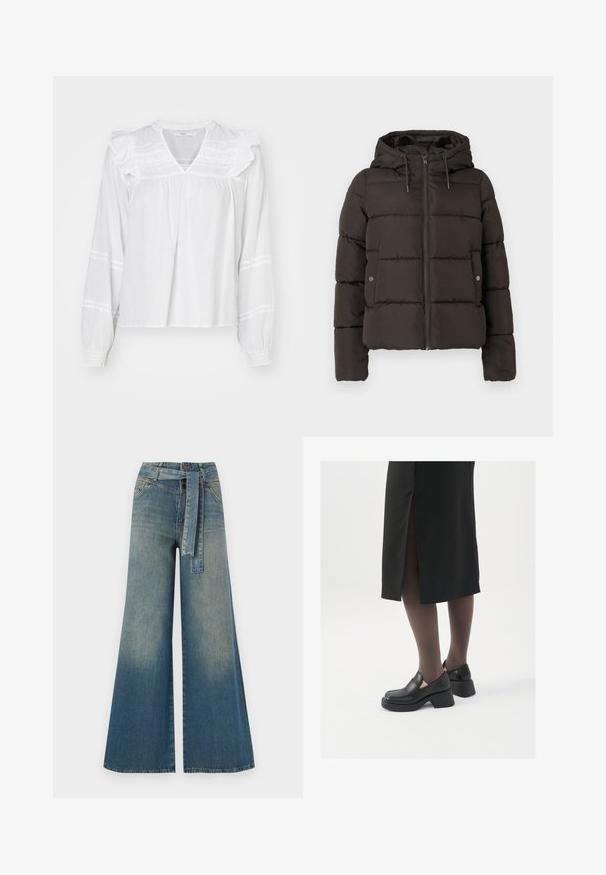 Črna podložena jakna s kapuco, z zadrgo spredaj, šivanimi panelem in stranskimi žepi z zapiralko na gumb. Gladka tekstura tkanine.; Bela bluza z dolgimi rokavi z nabranimi detajli na ramilih, V-izrezom in nabranimi manšetami. Ima vodoravne črte vzdolž rokavov.; Široke jeans hlače z gradientom od svetlo do temno modre, visokim pasom, zankami za pas in pasom iz istega materiala. Tekstura denim končnica.; Črne usnjene čevlje s zaobljenim prstom, debelim blokastim petama in elastičnimi stranskimi detajli, v kombinaciji s temno nogavicami in črno krilo z razporkom.