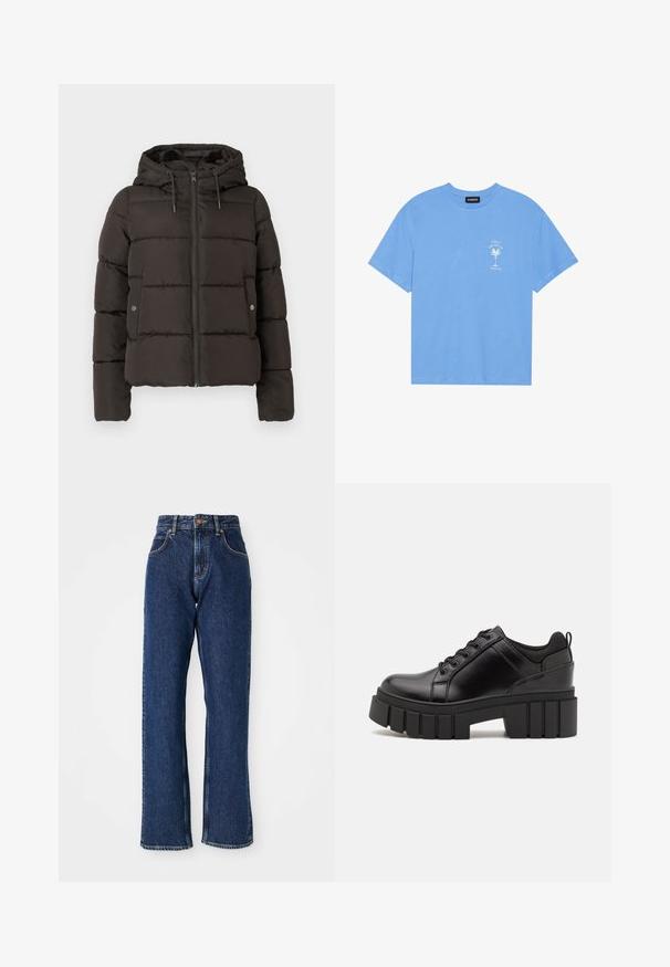 Casaco preto acolchoado com capuz, apresentando um fecho dianteiro com zíper, painéis cosidos e bolsos laterais com fechos de botão. Textura de tecido suave.; T-shirt de algodão azul claro com decote redondo. Apresenta uma gráfica branca de uma palmeira e texto na área do peito esquerdo. Mangas curtas.; Jeans de ganga de perna reta de cintura alta, em azul-escuro, com fecho frontal por botão e ziper, e costuras visíveis nos bolsos e costuras.; Sapatos de plataforma em couro preto com um salto bloco robusto, bico redondo e design clássico de atacadores. Apresentam uma textura suave e detalhes mínimos.