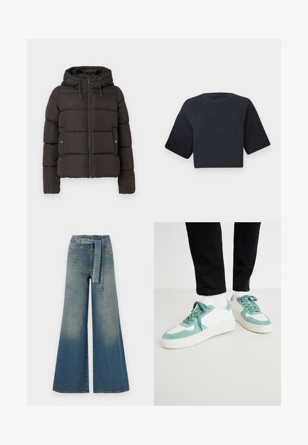 Svart vadderad jacka med huva, med en framdragkedja, sydda paneler och fickor på sidorna med tryckknappar. Slät tygstruktur.; Mörk marinblå kort stickad tröja med ribbad textur, korta vida ärmar och rund halsringning. Enkelt design, inga synliga mönster eller detaljer.; Breda denimbyxor med en ljus till mörkblå gradient, hög midja, bälteshällor och ett matchande tygbälte. Texturerad denimfinish.; Ljus mintgröna och vita sneakers med mocka- och meshmaterial, som har en strukturerad sula och matchande snören. Utsmyckade med perforerade detaljer.