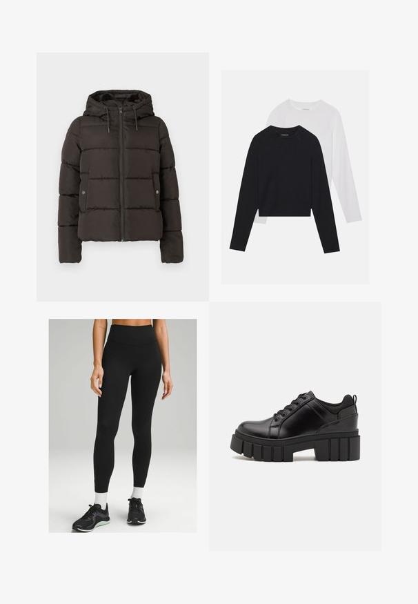 Zwarte gewatteerde jas met een capuchon, uitgerust met een rits aan de voorkant, gestikte panelen en zijzakken met drukknoopsluitingen. Gladde stoftextuur.; Twee langemouwen shirts: een zwarte en een witte. Beide hebben een ronde hals, raglanmouwen en zijn gemaakt van een zachte katoenmix.; Zwarte hooggewaisted legging van rekbaar materiaal, met een gestroomlijnd design, gladde textuur en subtiele zijdetails. Gepaard met zwarte sportschoenen.; Zwarte leren platform schoenen met een stevige blokhak, ronde neus en een traditionele vetersluiting. Kenmerkt zich door een gladde textuur en minimale details.