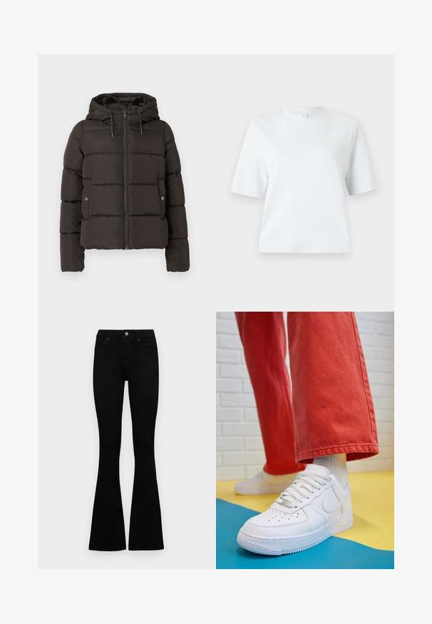 Fekete párnázott dzseki kapucnival, elülső cipzárral, varrott panelekkel és patentos oldalsó zsebekkel. Simább szövettextúra.; Világoskék, rövid ujjú póló, puha pamutból készült. Klasszikus, kerek nyakú és laza szabású, minta vagy díszítés nélkül.; Fekete, magas derekú farmernadrág gomb- és cipzárzárral, elülső zsebekkel és harangszárral, laposan egy fehér háttérre terítve.; Fehér bőr edzőcipő perforált orral, texturált talppal és fehér fűzővel, széles vörös nadrággal párosítva, kék és sárga háttérrel.