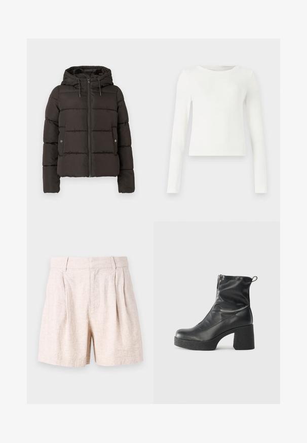 Fekete párnázott dzseki kapucnival, elülső cipzárral, varrott panelekkel és patentos oldalsó zsebekkel. Simább szövettextúra.; Fehér, hosszú ujjú, bordázott felső kerek nyakkal. Simább textúra, illeszkedő fazon, látható minták vagy díszítések nélkül. Egyszerű és minimalista stílus.; Beige len nadrág, lazán illeszkedő szabással, elöl redőkkel, oldalsó zsebekkel és sima textúrával. Egyszerű dizájn, minta nélkül.; Fekete bokacsizmák sima bőrből, oldalsó cipzárral, vastag, texturált sarkú és lekerekített orrú dizájnnal.