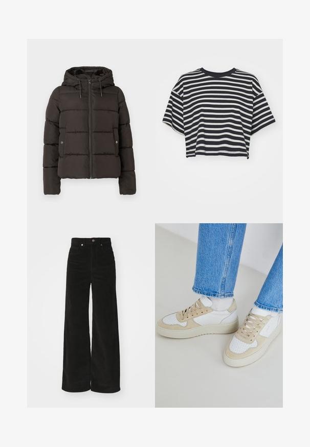 Svart polstret jakke med hette, med glidelås foran, quiltede paneler og sidelommer med trykknappslukking. Glatt stofftekstur.; Stripet cropped t-skjorte i marineblått og hvitt. Korte ermer, rund utringning, mykt stoff med horisontale striper og en avslappet passform.; Svarte corduroy vidde bukser med høy midje, med to frontlommer og metall knappelukking. Teksturert stoff med vertikale rader.; Hvite og beige sneakers med perforerte detaljer, en glatt læroverdel og en tykk gummisåle. Kombinert med lyseblå jeans.