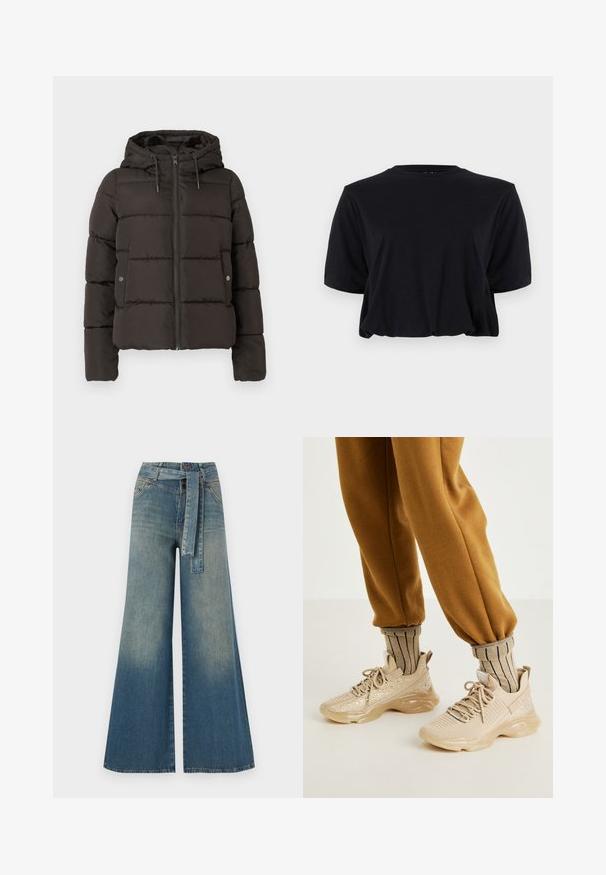 Crna podstavljena jakna s kapuljačom, sa prednjim patentnim zatvaračem, ušivenim panelima i bočnim džepovima sa dugmadi. Glatka tekstura tkanine.; Crna skraćena pamučna majica s kratkim rukavima i okruglim izrezom, koja se ističe čistim, besprijekornim dizajnom i mekom teksturom.; Široke traperice s gradijentom od svijetloplave do tamnoplave, visokog struka, petljama za remen i remenom od istog materijala. Teksturirana traper tkanina.; Bež sportske tenisice s mrežastim gornjim dijelom, dekorativnim sjajnim detaljima i debelim gumeni potplat. Uparene s prugastim bež čarapama i smešnim trenirkama.