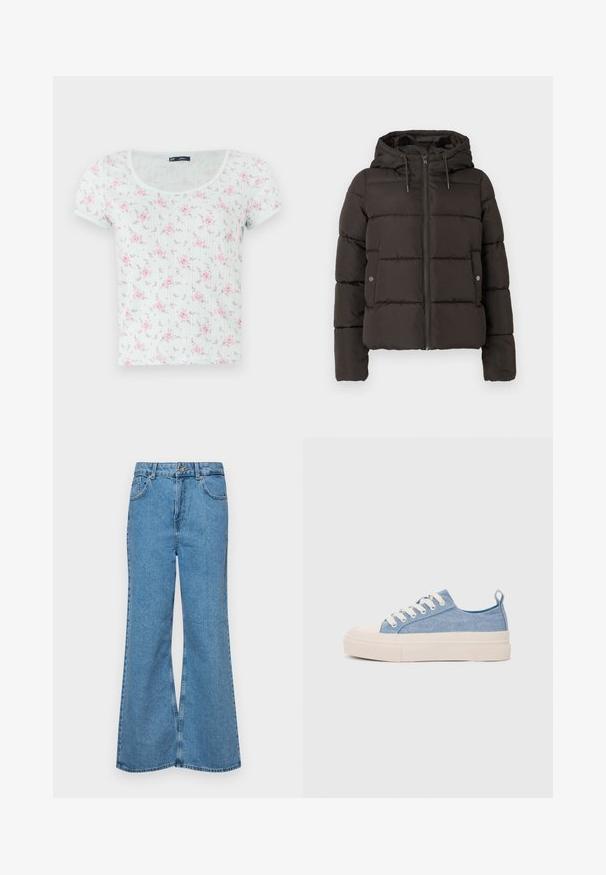 Veste rembourrée noire avec capuche, dotée d'une fermeture éclair sur le devant, de panneaux cousus et de poches latérales avec fermetures à pression. Texture de tissu lisse.; Haut à manches courtes, de couleur menthe clair avec un col arrondi, arborant un motif floral en rose et violet, réalisé en tissu doux et texturé.; Jean flare bleu clair en denim, avec une taille haute, cinq poches et une fermeture à un bouton. Texture douce avec une finition décolorée.; Baskets en toile bleu clair avec une coque en caoutchouc crème et une semelle extérieure, dotées de lacets blancs et d'une languette au talon.