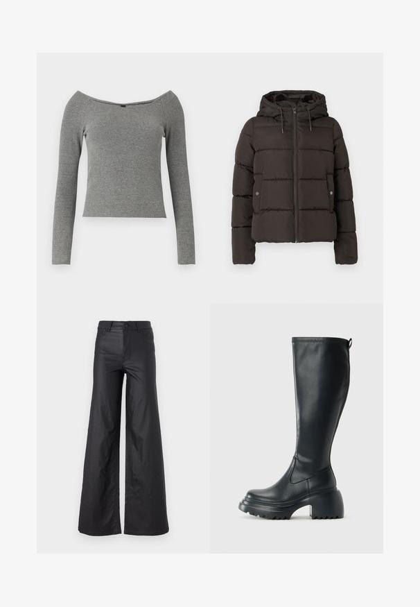 Fekete párnázott dzseki kapucnival, elülső cipzárral, varrott panelekkel és patentos oldalsó zsebekkel. Simább szövettextúra.; Szürke bordázott, hosszú ujjú felső, vállnál kivágott nyakkivágással, ízléses fazonnal és sima textúrával. Nincsenek látható fémalkatrészek vagy minták.; Fekete, bő szabású nadrág mesterséges bőrből. Jellemzője a magas derék, övhurkok, két elülső zseb és varrott részletek.; Magas fekete bőrcipő, vastag platform talppal és blokk sarokkal, húzófüllel és texturált profillal az outsole-on.