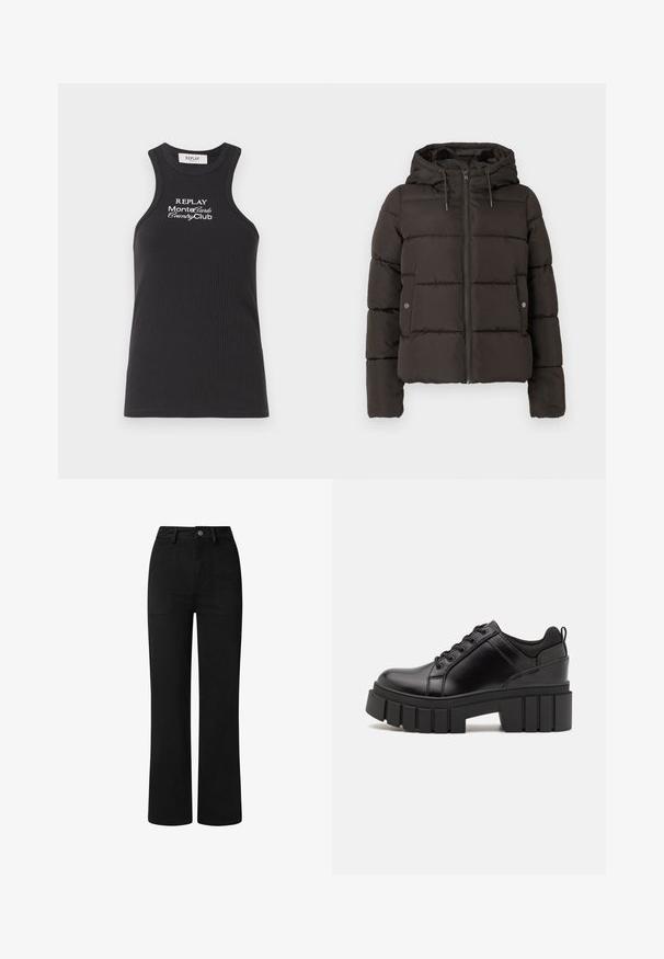 Zwarte gewatteerde jas met een capuchon, uitgerust met een rits aan de voorkant, gestikte panelen en zijzakken met drukknoopsluitingen. Gladde stoftextuur.; Zwarte geribbelde tanktop met een hoge hals en racerback ontwerp. Bevat witte geborduurde tekst: "REPLAY MonteCarlo CountryClub."; Zwarte, hooggeplaatste broeken met een recht model, gemaakt van zachte katoenen stof. Voorzien van zijzakken en een eenvoudige metalen knoopsluiting.; Zwarte leren platform schoenen met een stevige blokhak, ronde neus en een traditionele vetersluiting. Kenmerkt zich door een gladde textuur en minimale details.