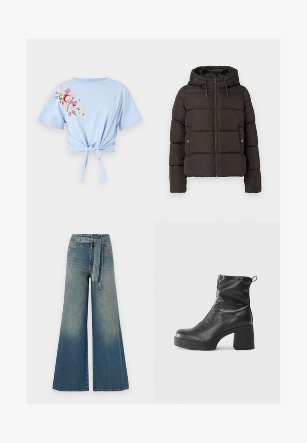 Crna podstavljena jakna s kapuljačom, sa prednjim patentnim zatvaračem, ušivenim panelima i bočnim džepovima sa dugmadi. Glatka tekstura tkanine.; Svijetloplava skraćena majica s okruglim izrezom i kratkim rukavima, s cvjetnim vezom u ružičastoj i žutoj boji s lijeve strane i detaljem čvora.; Široke traperice s gradijentom od svijetloplave do tamnoplave, visokog struka, petljama za remen i remenom od istog materijala. Teksturirana traper tkanina.; Crne gležnjače od glatke kože, s bočnim zatvaračem, debelim teksturiranim potplatom i dizajnom s zaobljenim prstima.