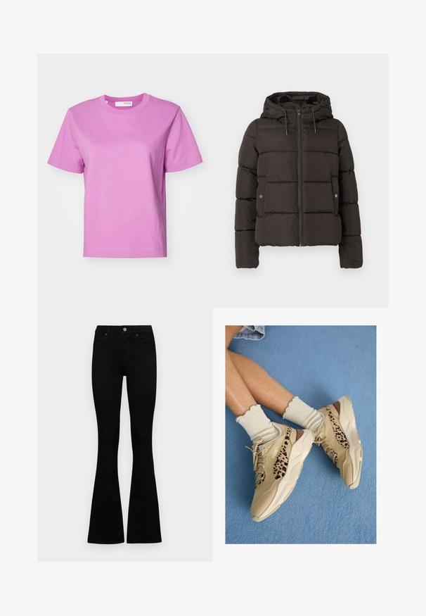 Giacca nera imbottita con cappuccio, dotata di zip frontale, pannelli cuciti e tasche laterali con chiusure a scatto. Tessuto liscio.; T-shirt a maniche corte con scollatura rotonda in un solido rosa chiaro, realizzato in cotone, con una texture liscia e vestibilità dritta. Design semplice, senza dettagli aggiuntivi.; Jeans neri a vita alta con chiusura a bottoni e zip, tasche frontali e gambali svasati, distesi su uno sfondo bianco.; Gambe incrociate con indosso scarpe da ginnastica Puma beige con strisce leopardate e calzini crema arruffati su un pavimento con moquette blu.