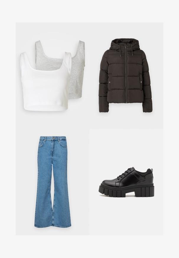 Zwarte gewatteerde jas met een capuchon, uitgerust met een rits aan de voorkant, gestikte panelen en zijzakken met drukknoopsluitingen. Gladde stoftextuur.; Twee geknipte tanktops: één in het wit, met geribbeld stof; de andere in lichtgrijs, met een gemeleerd textuur. Beide hebben brede bandjes en een ronde halslijn.; Lichtblauwe flared jeans van denim, met een hoge taille, vijf zakken en een enkele knoopsluiting. Zachte textuur met een vervaagde afwerking.; Zwarte leren platform schoenen met een stevige blokhak, ronde neus en een traditionele vetersluiting. Kenmerkt zich door een gladde textuur en minimale details.