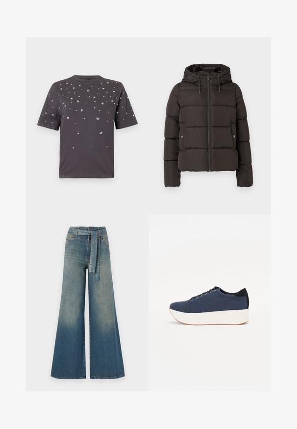 Juodas paminkštintas džemperis su kapišonu, su priekiniais užtrauktukais, siuvinėtais skydais ir šoninėmis kišenėmis su spaustukais. Lygi audinio tekstūra.; Tamsiai pilka trumpa rankovė marškinėliai su pasklidusiomis mažomis sidabrinėmis žvaigždutėmis ir taškeliais, papuošiančiais priekinę dalį ir rankoves.; Platus džinsinis kelnes su šviesiai tamsiai mėlynu gradientu, aukštu juosmeniu, diržo kilpomis ir atitinkančiu audinio diržu. Textūruotas džinsinis paviršius.; Tamsiai mėlynas sportinis batelis su tekstūruotu audiniu viršuje, baltu platformos padu, apvaliu pirštu ir juodu kulno akcentu.š. Yra šešios skylės raišteliams.