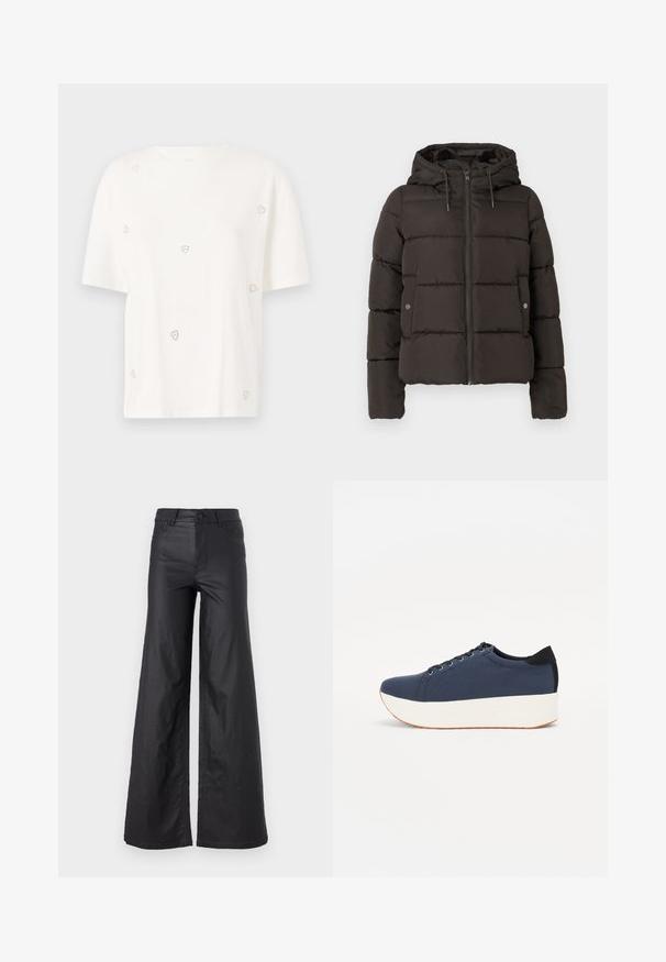 Chaqueta acolchada negra con capucha, con cremallera frontal, paneles cosidos y bolsillos laterales con cierres de botón. Textura de tela suave.; Camiseta de algodón blanca con mangas cortas, decorada con pequeños adornos en forma de corazón plateados dispersos por la tela. Escote redondo.; Pantalones de pierna ancha en material de cuero sintético. Presentan una cintura alta, trabillas para cinturón, dos bolsillos delanteros y detalles de costura.; Zapatilla de color azul marino con parte superior de tejido texturizado, suela de plataforma blanca, punta redondeada y acento en el talón negro. Cuenta con seis ojales para los cordones.