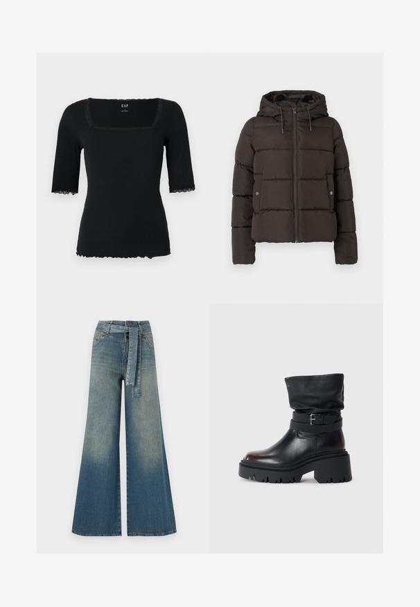 Schwarze gepolsterte Jacke mit Kapuze, ausgestattet mit einem Reißverschluss auf der Vorderseite, genähten Paneelen und seitlichen Taschen mit Druckknopfverschlüssen. Glatte Stofftextur.; Schwarzes, geripptes Kurzarm-Top mit eckigem Ausschnitt, verziert mit Spitzenbesatz am Kragen und an den Ärmeln sowie einem geschwungenen Saum.; Weit geschnittene Denim-Hosen mit einem Farbverlauf von hellblau zu dunkelblau, hoher Taille, Gürtelschlaufen und einem passenden Stoffgürtel. Strukturierte Denim-Oberfläche.; Schwarze Leder-Stiefelette mit einem lässigen Schaft, Schnallenverzierung und dickem, robustem Absatz. Verfügt über eine runde Zehenpartie und eine glatte Textur.