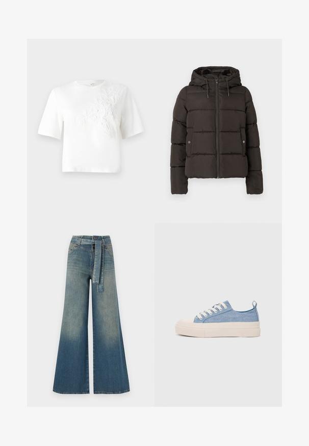 Melnā polsterētā jaka ar kapuci, kas aprīkota ar priekšējo rāvējslēdzēju, izšūtām paneļiem un sānu kabatām ar spiedpogu aizdarēm. Gluda auduma tekstūra.; Baltās kokvilnas T-krekls ar īsām piedurknēm, uz kreisās puses ar teksturētu ziedu izšuvumu. Apaļais kakla izgriezums, brīvs piegriezums.; Platām kājām džinsu bikses ar gaismas līdz tumši zilam gradientam, augstu jostas līniju, jostas cilpām un atbilstošu auduma jostu. Tekstūrēts džinsas apdare.; Gaiši zili kanvas sneakeri ar krēmkrāsas gumijas pirksta aizsargu un ārējo zoli, aprīkoti ar baltām šņorēm un cilpu uz papēža.