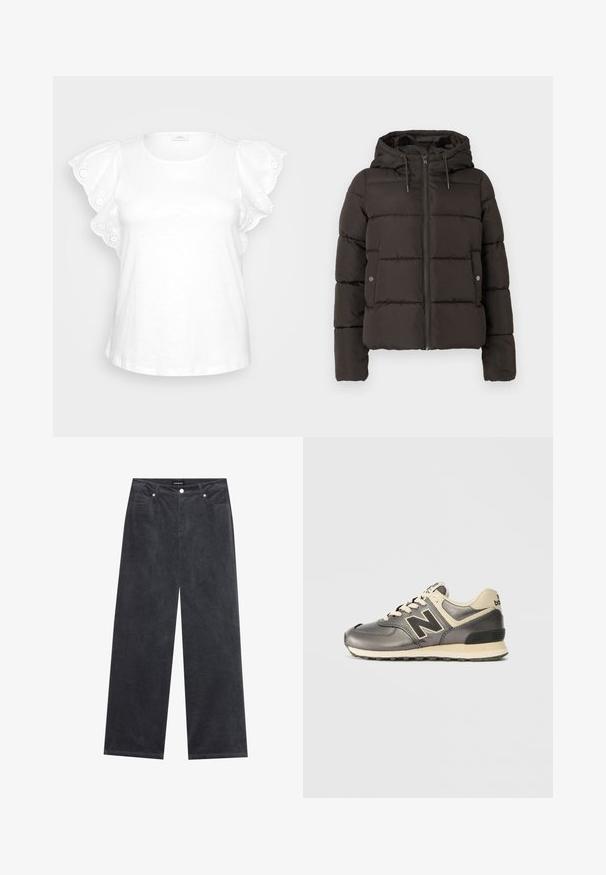 Chaqueta acolchada negra con capucha, con cremallera frontal, paneles cosidos y bolsillos laterales con cierres de botón. Textura de tela suave.; Blusa blanca con mangas abullonadas y bordado de ojetes decorativos, además de un escote redondo. Diseño minimalista sobre un fondo gris.; Pantalones de pierna ancha en tejido de corduroy gris oscuro, con cierre de botón, cuatro bolsillos y un acabado suave y texturizado.; Zapatilla New Balance en gris y beige con el logotipo "N" en negro, cierre con cordones y suela texturizada sobre un fondo blanco.