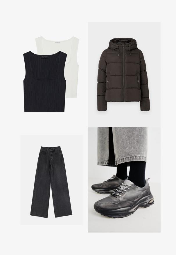 Black padded jacket with a hood, featuring a front zipper, stitched panels, and side pockets with snap closures. Smooth fabric texture.; Two ribbed tank tops in black and white. Both feature a square neckline, thin straps, and a soft, textured fabric.; Black wide-leg denim jeans featuring a high waist, classic five-pocket design, and subtle fading. Durable fabric with a smooth texture.; Black and gray athletic shoes feature a mesh upper, thick soles, and laces. They have a rounded toe and visible cushioning detail.