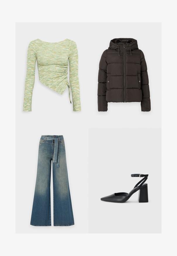 Mustat toppatakki, jossa on huppu, etuvetoketju, tikatut paneelit ja sivutaskut napsulukolla. Liukas kangas.; Pitkähihaisessa paidassa on tekstuuri mintunvihreä ja keltainen kangas, ja siinä on epäsymmetrinen leikkaus, jossa on sivun rypytys ja nauhat helmassa.; Yksiväriset farkut leveällä lahkeella, joissa on vaaleasta tummansiniseen häipyvä väri, korkea vyötärö, vyölenkit ja yhteensopiva kangasvyö. Rakennefarkkujen pinta.; Mustat nahkakengät, joissa on kapea kärki, nilkkaremmi ja paksu korko. Tasainen pinta, tyylikäs muotoilu ja minimalistinen estetiikka.